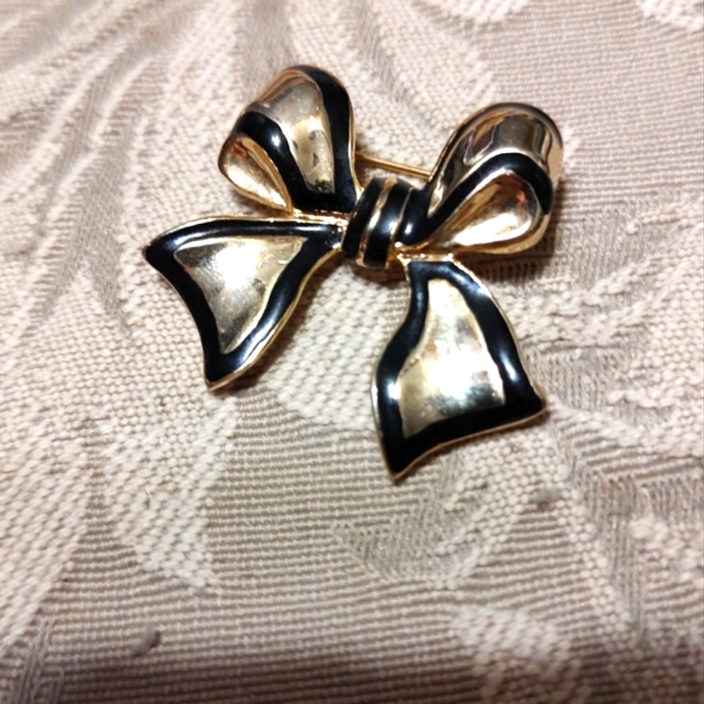 🔸🖤🔸Adorable Vintage 80's Black & Gold Ribbon Bow Brooch - Picture 9 of 13